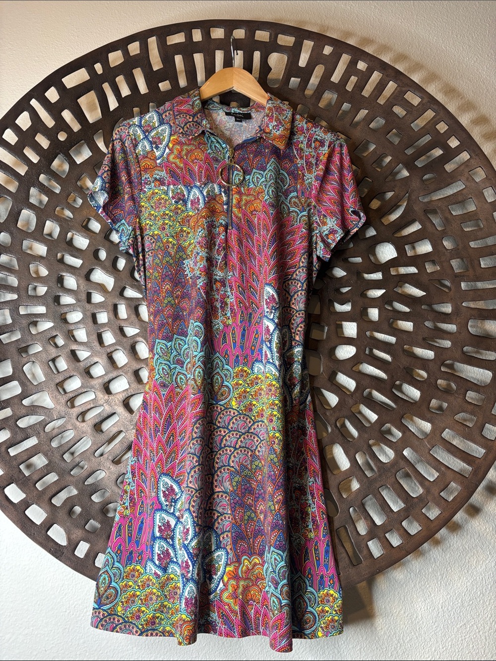 💜 Boho Paisley Fit & Flare Shirt Dress Multicolor Flowy Lightweight Large MSK💜